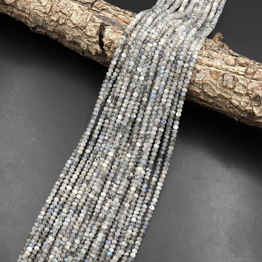 Faceted Natural Labradorite 3mm Rondelle Beads Micro Cut Gemstone 15.5" Strand