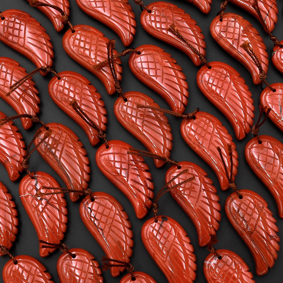 AAA Hand Carved Natural Red Jasper Angel Wing Pendant Bead Drilled Gemstone