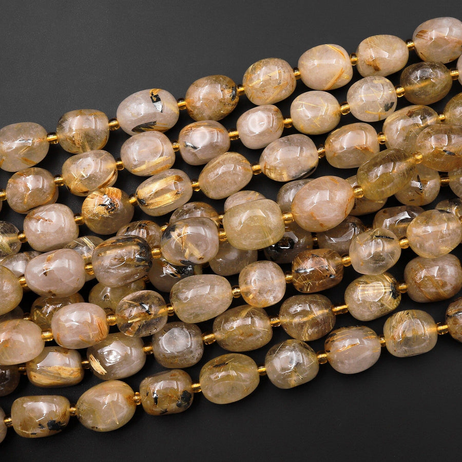 Natural Titanium Golden Rutile Quartz Puffy Smooth Rounded Nugget Beads Translucent Gemstone 15.5" Strand