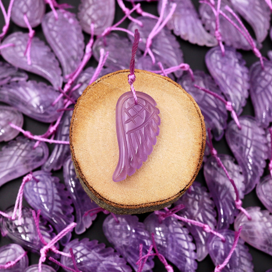 AAA Hand Carved Natural Lilac Purple Amethyst Angel Wing Pendant Bead Drilled Gemstone