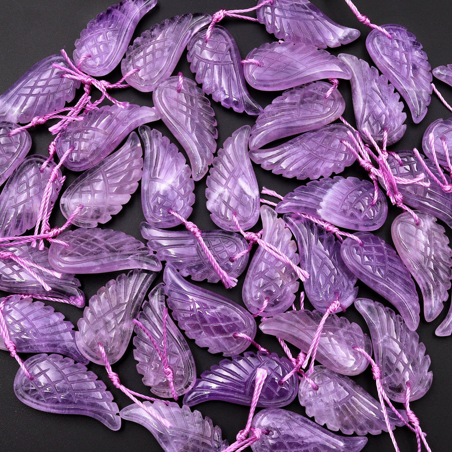 AAA Hand Carved Natural Lilac Purple Amethyst Angel Wing Pendant Bead Drilled Gemstone