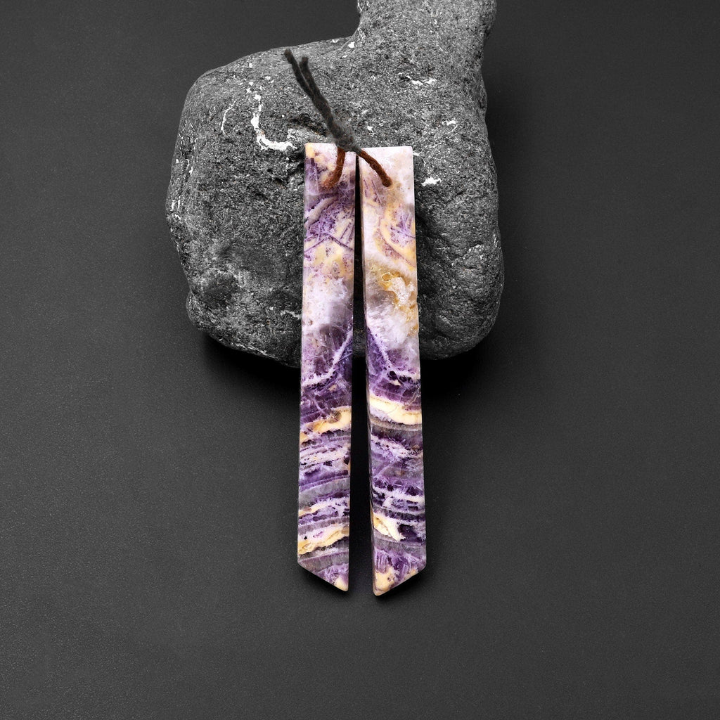 Super Long Linear Spike Earring Pair Matched Gemstone Natural Purple Petrified Purple Fluorite Beads With Beveled Edge
