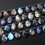 Faceted Labradorite Teardrop Briolette Beads 18x13mm Brilliant Blue Green Golden Flashes Fire Good For Earrings 15.5" Strand