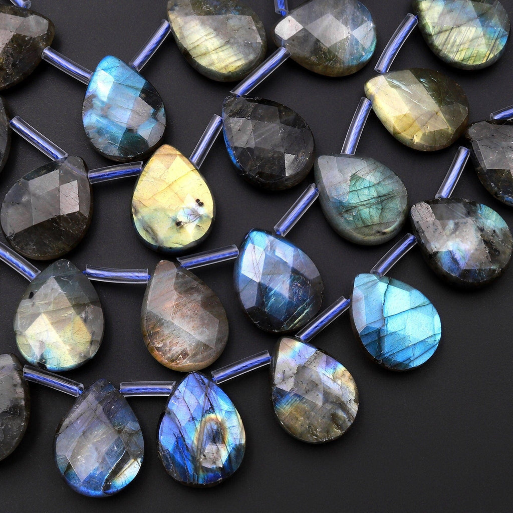 Faceted Labradorite Teardrop Briolette Beads 18x13mm Brilliant Blue Green Golden Flashes Fire Good For Earrings 15.5" Strand