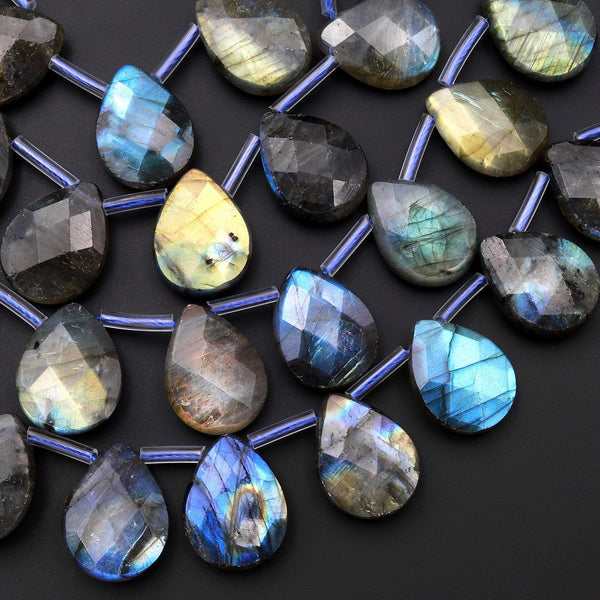 Faceted Labradorite Teardrop Briolette Beads 18x13mm Brilliant Blue Green Golden Flashes Fire Good For Earrings 15.5" Strand