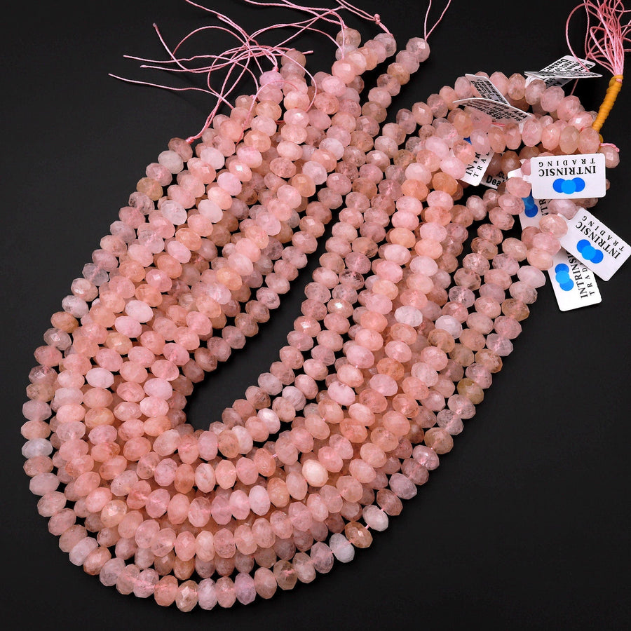 AAA Large Faceted Natural Peach Pink Morganite Aquamarine Beryl Rondelle Beads 10mm 15.5" Strand