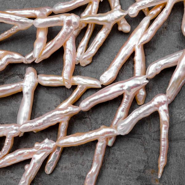 Freeform Natural Peach Pink Biwa Pearl Long Stick Branch Pearl Pendant Genuine Freshwater Pearl 16" Strand