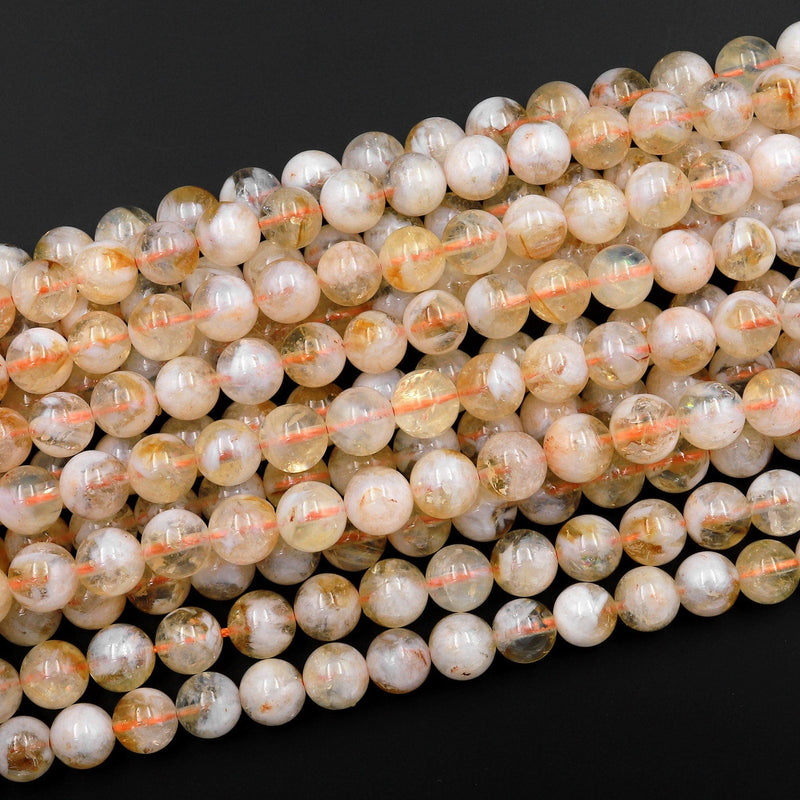 Natural Golden Yellow Citrine 6mm 8mm 10mm 12mm Smooth Round Beads W White Quartz Matrix Gemstone 15.5" Strand