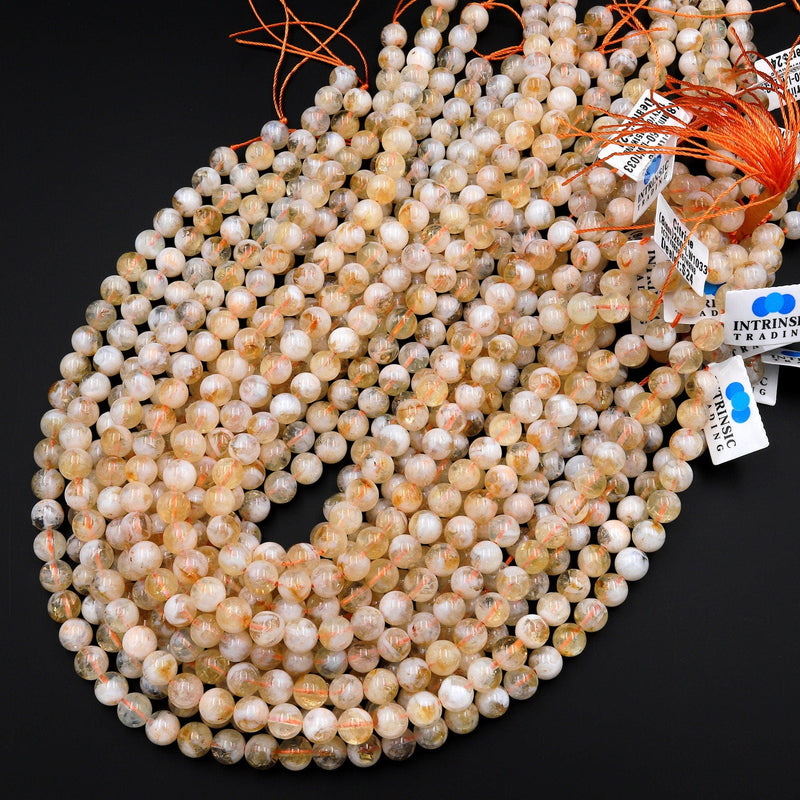 Natural Golden Yellow Citrine 6mm 8mm 10mm 12mm Smooth Round Beads W White Quartz Matrix Gemstone 15.5" Strand