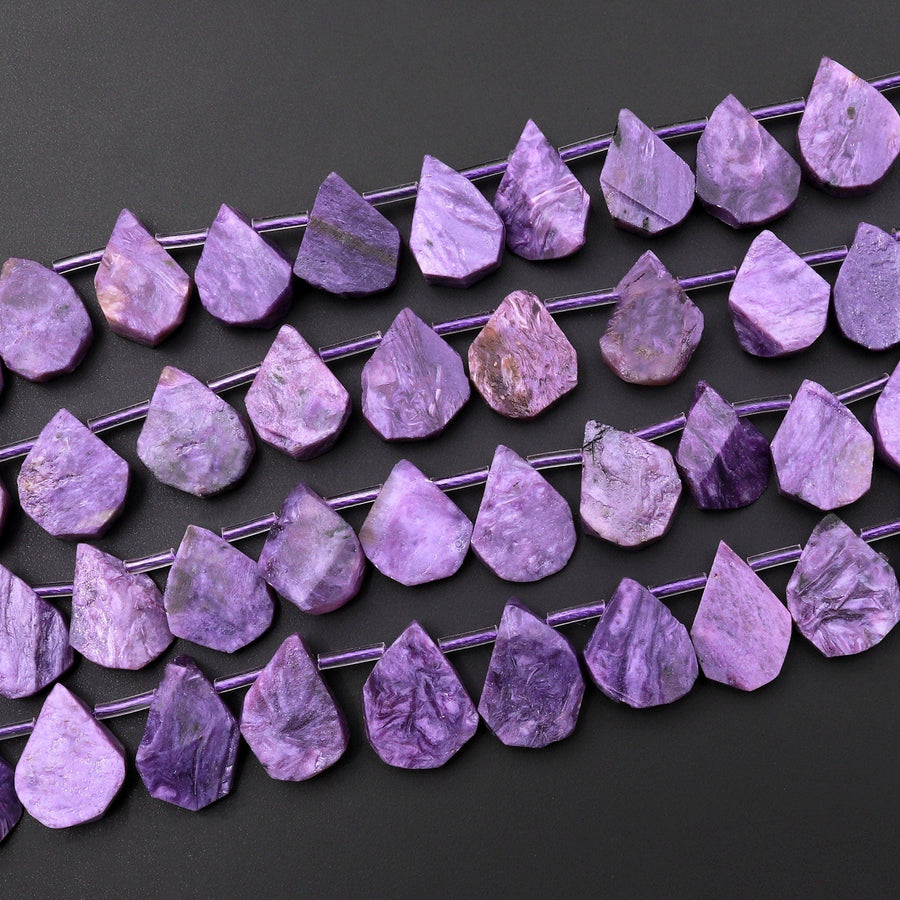 Natural Russian Purple Charoite Teardrop Beads Organic Raw Cut Gemstone 15.5" Strand