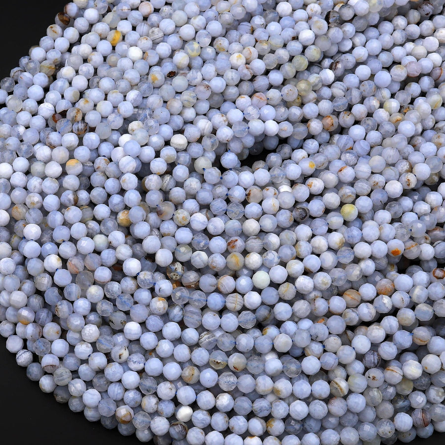 Micro Faceted Natural Blue Lace Agate 4mm Round Beads Blue Chalcedony 15.5" Strand