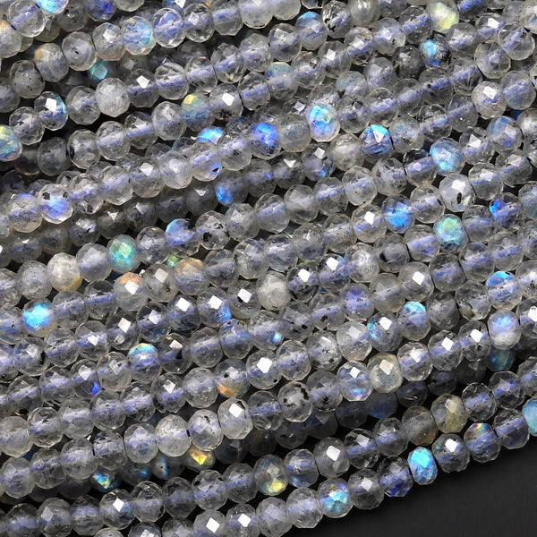 Faceted 4mm Natural Blue Labradorite Rondelle Beads Black Tourmaline Matrix 15.5" Strand