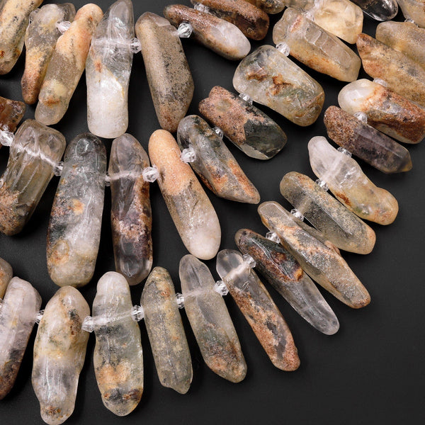 Raw Natural Brown Green Phantom Quartz Rock Crystal Beads Point Spike Top Side Drilled Focal Pendant 15.5" Strand