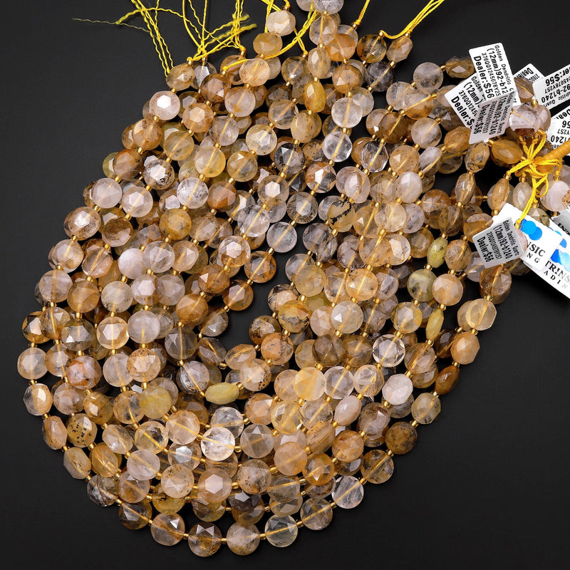 Natural Golden Dendritic Quartz Faceted Coin 12mm Beads 15.5" Strand