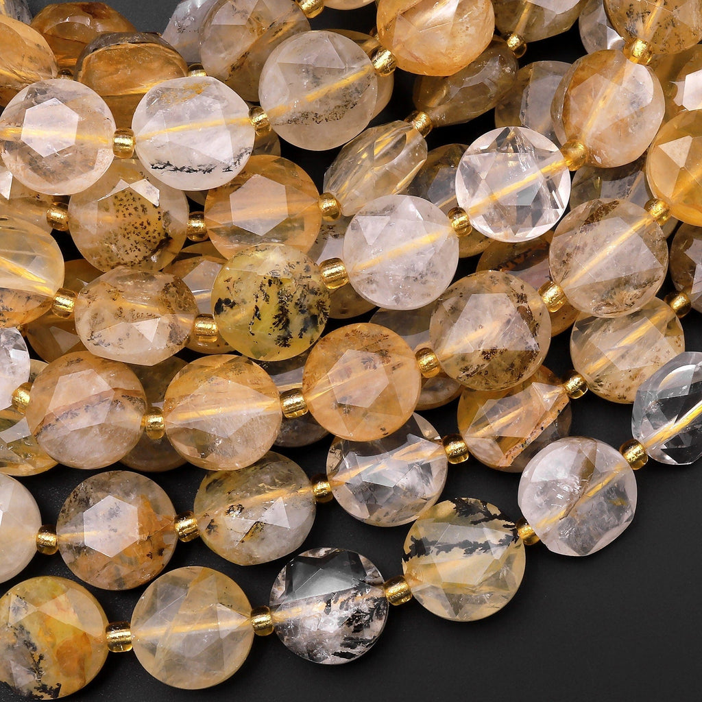 Natural Golden Dendritic Quartz Faceted Coin 12mm Beads 15.5" Strand