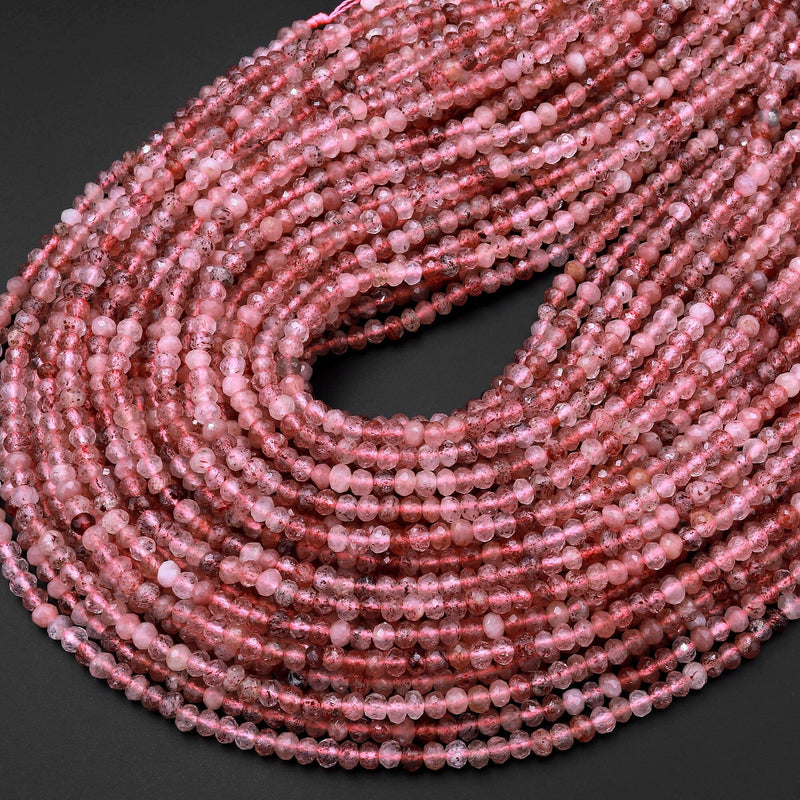 Natural Strawberry Quartz Faceted 4mm Rondelle Beads Micro Laser Cut Red Pink Gemstone 15.5" Strand