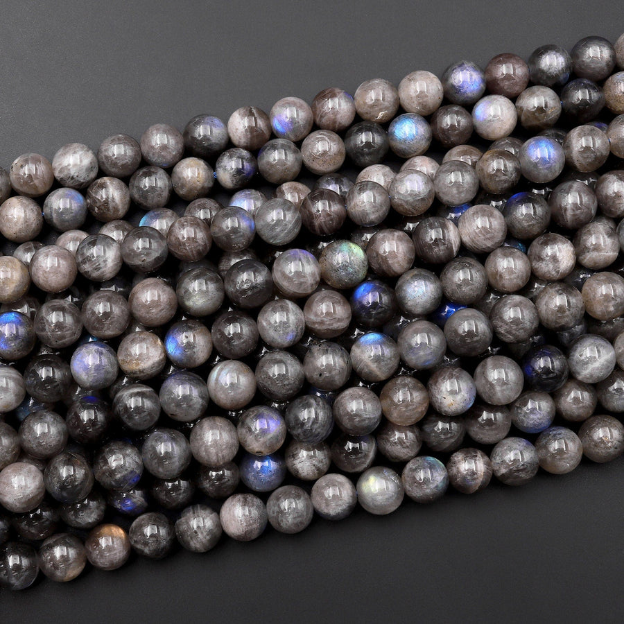 Natural Dark Black Gray Labradorite 6mm 8mm 10mm Round Beads Blue Flashes 15.5" Strand