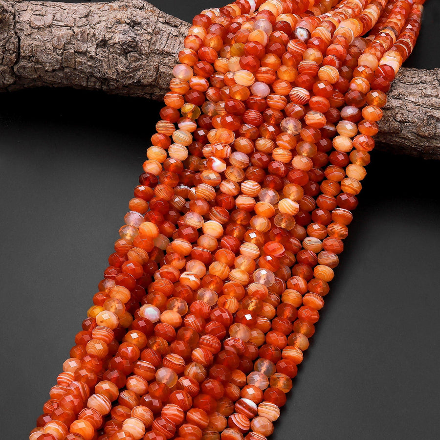 Faceted Natural Orange Red Botswana Agate Rondelle Beads 6mm 8mm 15.5" Strand