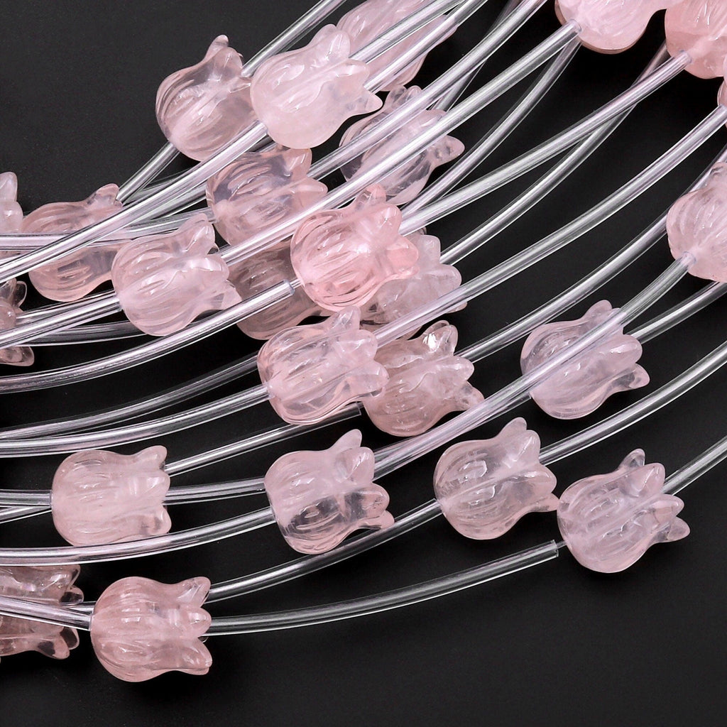 Natural Pink Rose Quartz Hand Carved Tulip Flower Gemstone Beads 10mm Choose from 5pcs, 10pcs
