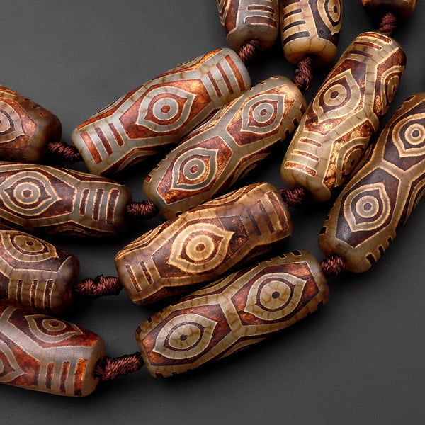 Large Tibetan Agate Barrel Drum Cylinder Tube 40mm Beads Dzi Agate Dark Brown Etched Eye Antique Boho Beads 15.5" Strand