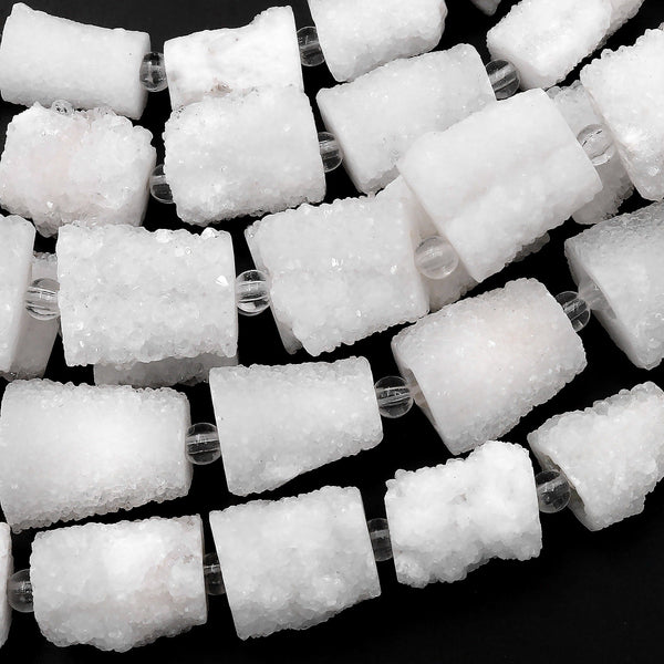 Natural White Stalactite Druzy Beads Drusy Cylinder Nuggets Center Drilled Pristine White Crystal Tube 15.5" Full Strand