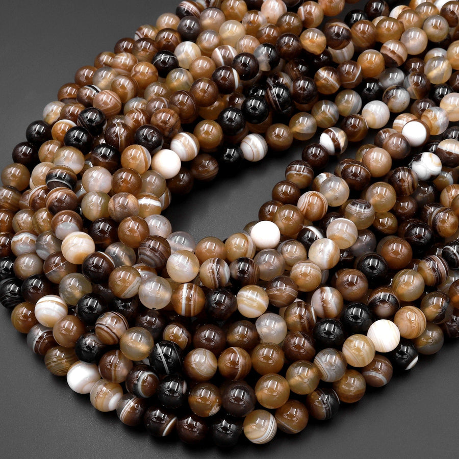 Brown Tibetan Striped Agate 6mm 8mm 10mm 12mm Round Beads Amazing Veins Bands Antique Boho Mala Beads 15.5" Strand
