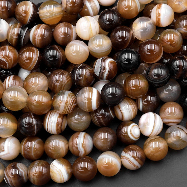 Brown Tibetan Striped Agate 6mm 8mm 10mm 12mm Round Beads Amazing Veins Bands Antique Boho Mala Beads 15.5" Strand