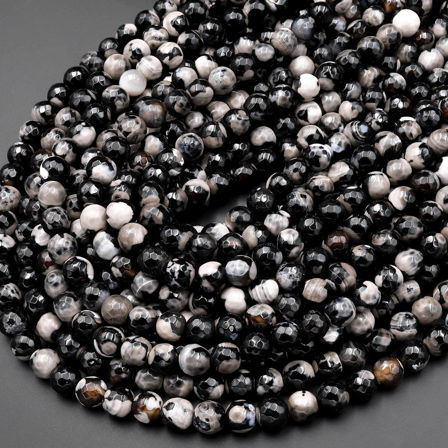 Faceted Tibetan Black Fire Agate 4mm 6mm 8mm Round Beads 15" Strand
