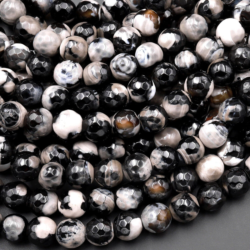 Faceted Tibetan Black Fire Agate 4mm 6mm 8mm Round Beads 15" Strand
