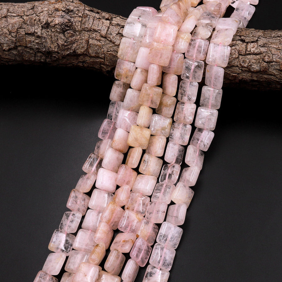 Natural Peach Pink Morganite 12mm Square Cushion Beads Aka Pink Beryl Aquamarine Gemstone 15.5" Strand