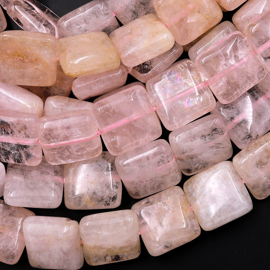 Natural Peach Pink Morganite 12mm Square Cushion Beads Aka Pink Beryl Aquamarine Gemstone 15.5" Strand