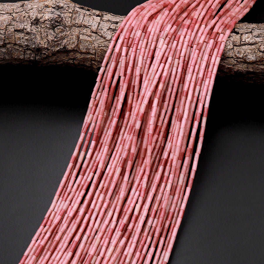 Natural Petrified Pink Rhodonite 4x2mm Small Thin Smooth Spacer Tube Beads 15.5" Strand