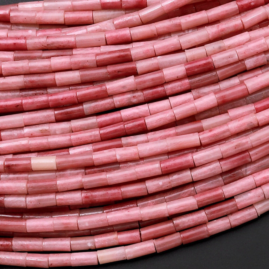 Natural Petrified Pink Rhodonite 4x2mm Small Thin Smooth Spacer Tube Beads 15.5" Strand