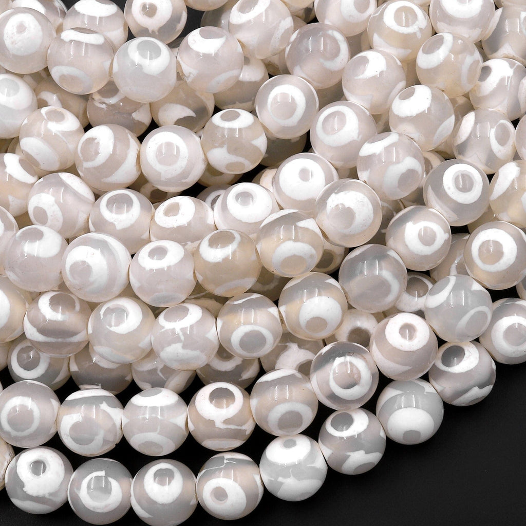 White Tibetan Agate 6mm 8mm Round Beads Dzi Agate Brown Etched Eye Mala Antique Boho Beads 15.5" Strand