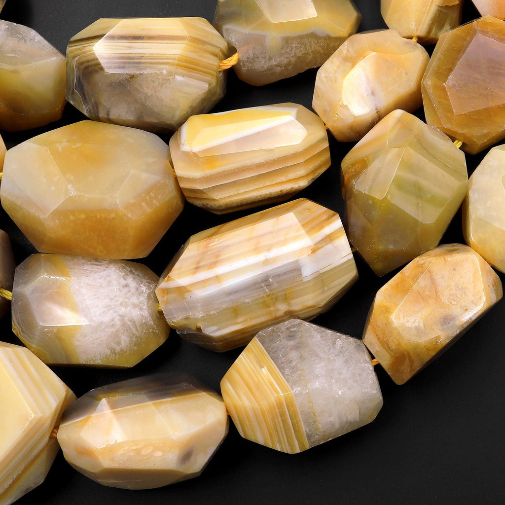 Large Faceted Natural Yellow Botswana Agate Chunky Nugget Beads 15.5" Strand
