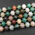 Faceted Earthy Green Brown Agate Beads Chunky Thick Rondelle 16.5" Strand