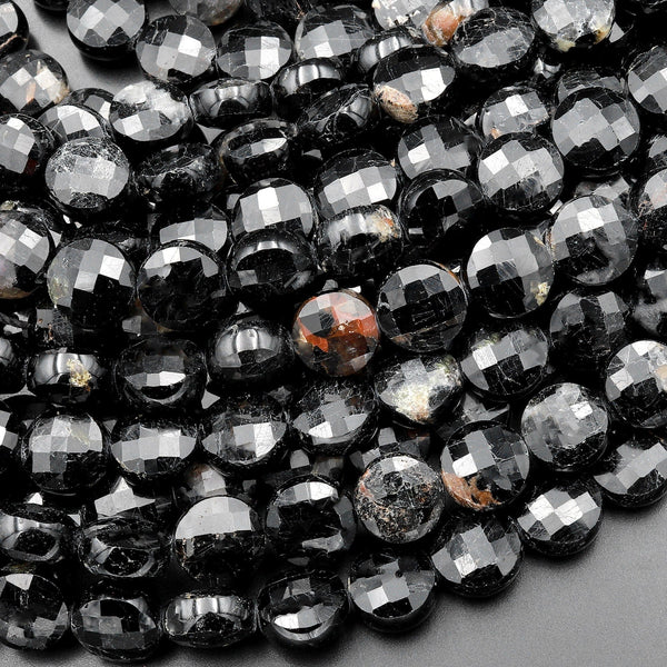 Natural Black Tourmaline Faceted 10mm Coin Beads Micro Faceted Laser Diamond Cut 15.5" Strand