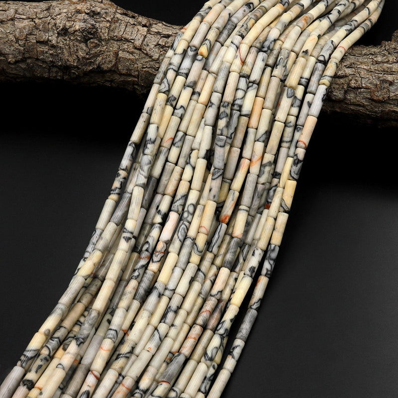 Natural Yellow Crazy Lace Agate Thin Long Tube Beads 14mm 15.5" Strand