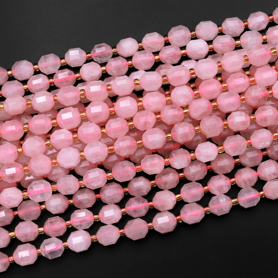 AAA Natural Pink Rose Quartz 8mm Beads Faceted Energy Prism Double Point Cut 15.5" Strand
