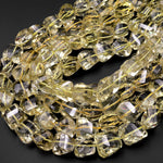 Faceted Real Genuine Natural Lemon Topaz Faceted Cushion Square Checkerboard Nugget Beads 15.5" Strand