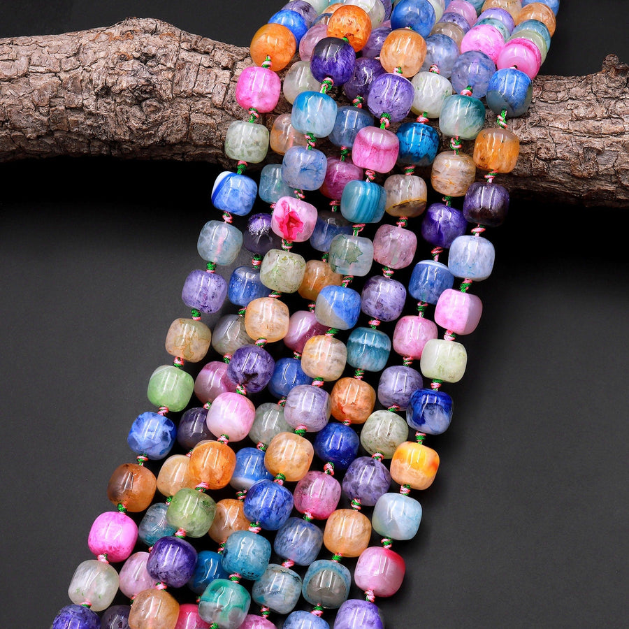 Multicolor Colorful Rainbow Agate Beads Drum Barrel Short Cylinder 15.5" Strand