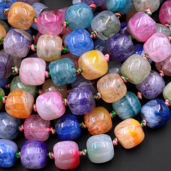 Multicolor Colorful Rainbow Agate Beads Drum Barrel Short Cylinder 15.5" Strand