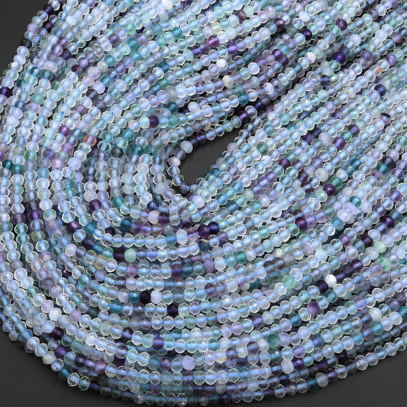 Natural Fluorite Faceted 3mm 4mm Rondelle Beads Micro Laser Cut Pale Purple Green Gemstone Bead 15.5" Strand