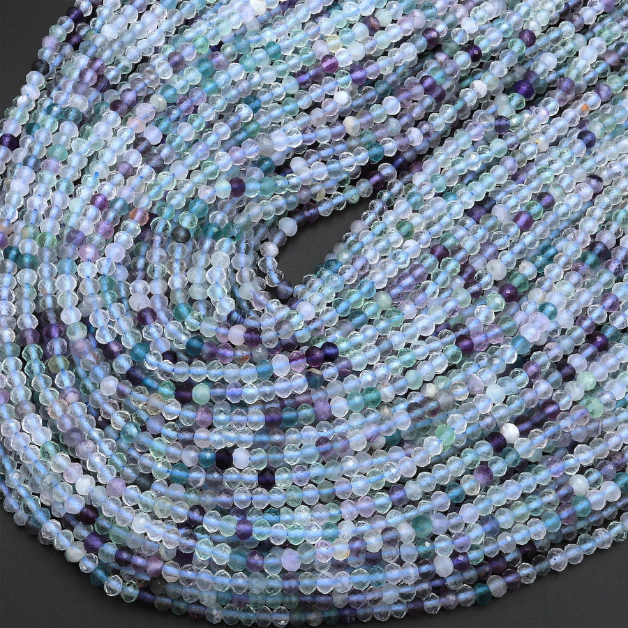 Natural Fluorite Faceted 3mm 4mm Rondelle Beads Micro Laser Cut Pale Purple Green Gemstone Bead 15.5" Strand