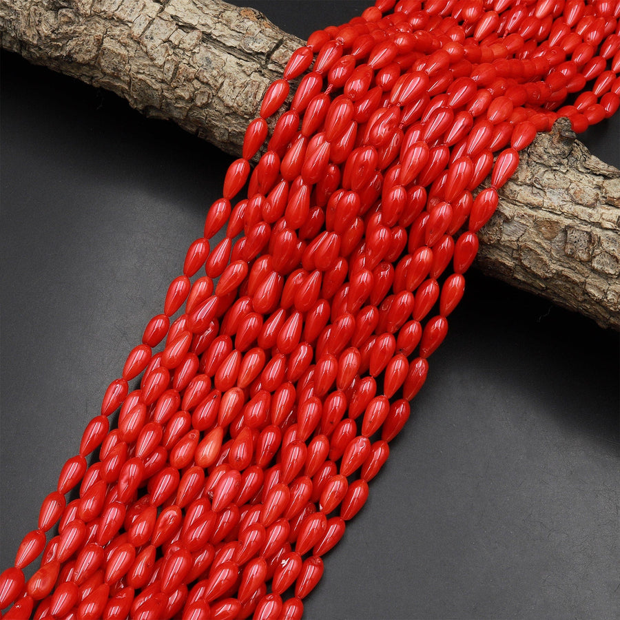 Genuine Red Bamboo Coral Smooth Teardrop Briolette Beads 10mm Vertically Drilled 15.5" Strand
