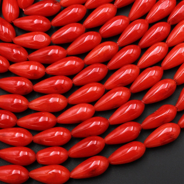 Genuine Red Bamboo Coral Smooth Teardrop Briolette Beads 10mm Vertically Drilled 15.5" Strand