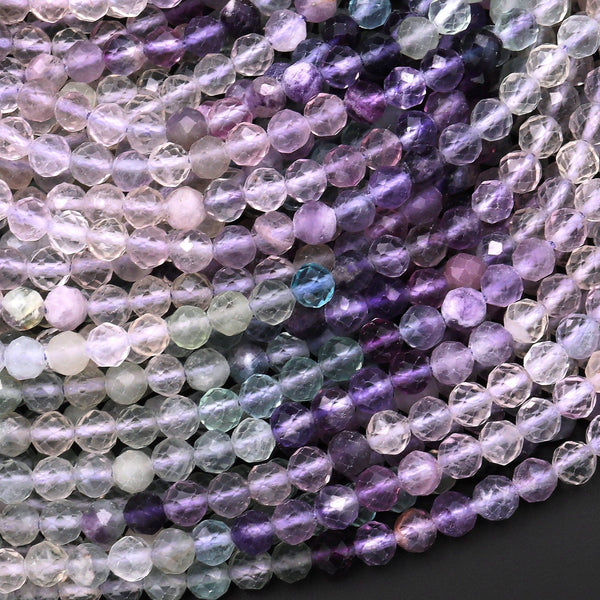 Natural Multicolor Fluorite Faceted 4mm Round Beads Micro Laser Cut Light Purple Green Gemstone Bead 15.5" Strand