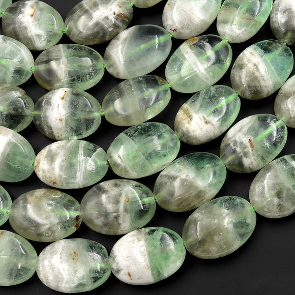 Rare Natural Bicolor Green Fluorite Smoky Quartz Oval Beads 15.5" Strand