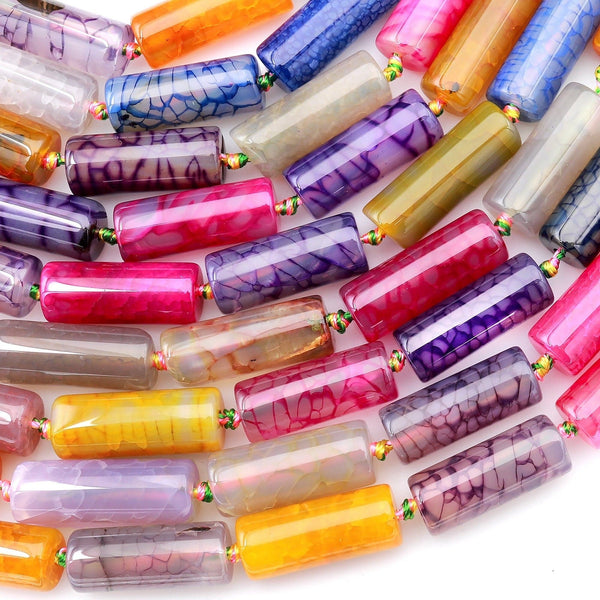 Multicolor Colorful Rainbow Fire Agate Beads Smooth Long Tube Cylinder 15.5" Strand