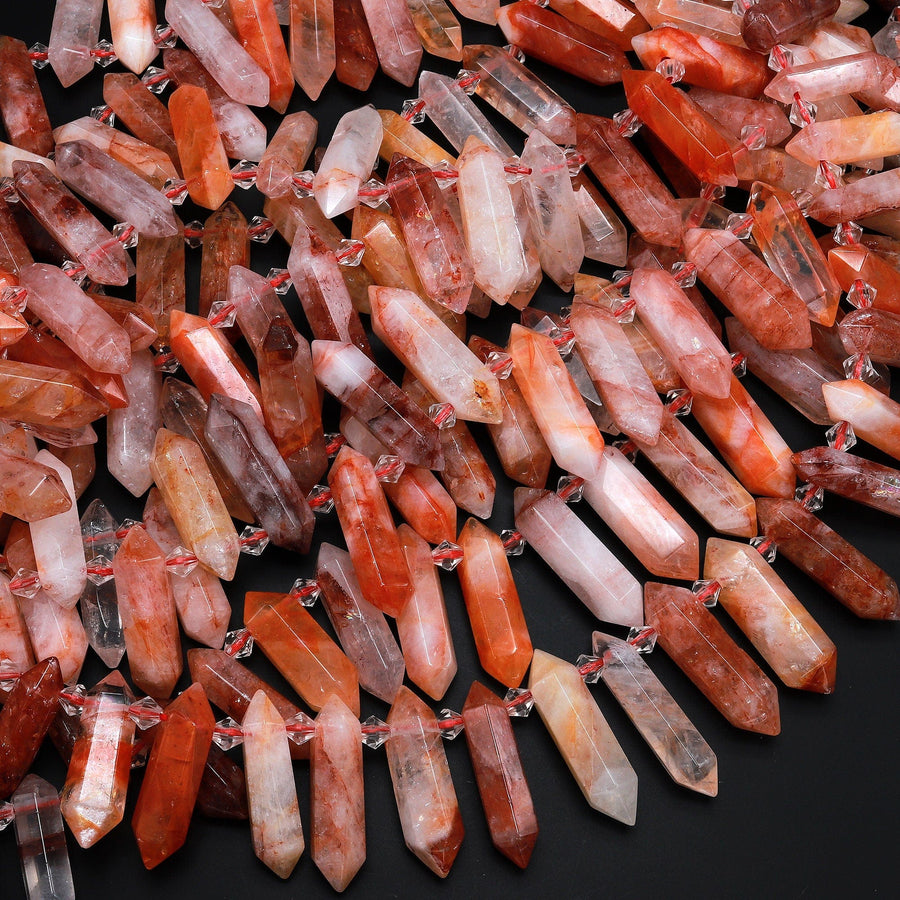 Natural Golden Red Lepidocrocite Quartz Beads Double Terminated Points Top Side Drilled Crystal Focal Pendant 15" Strand